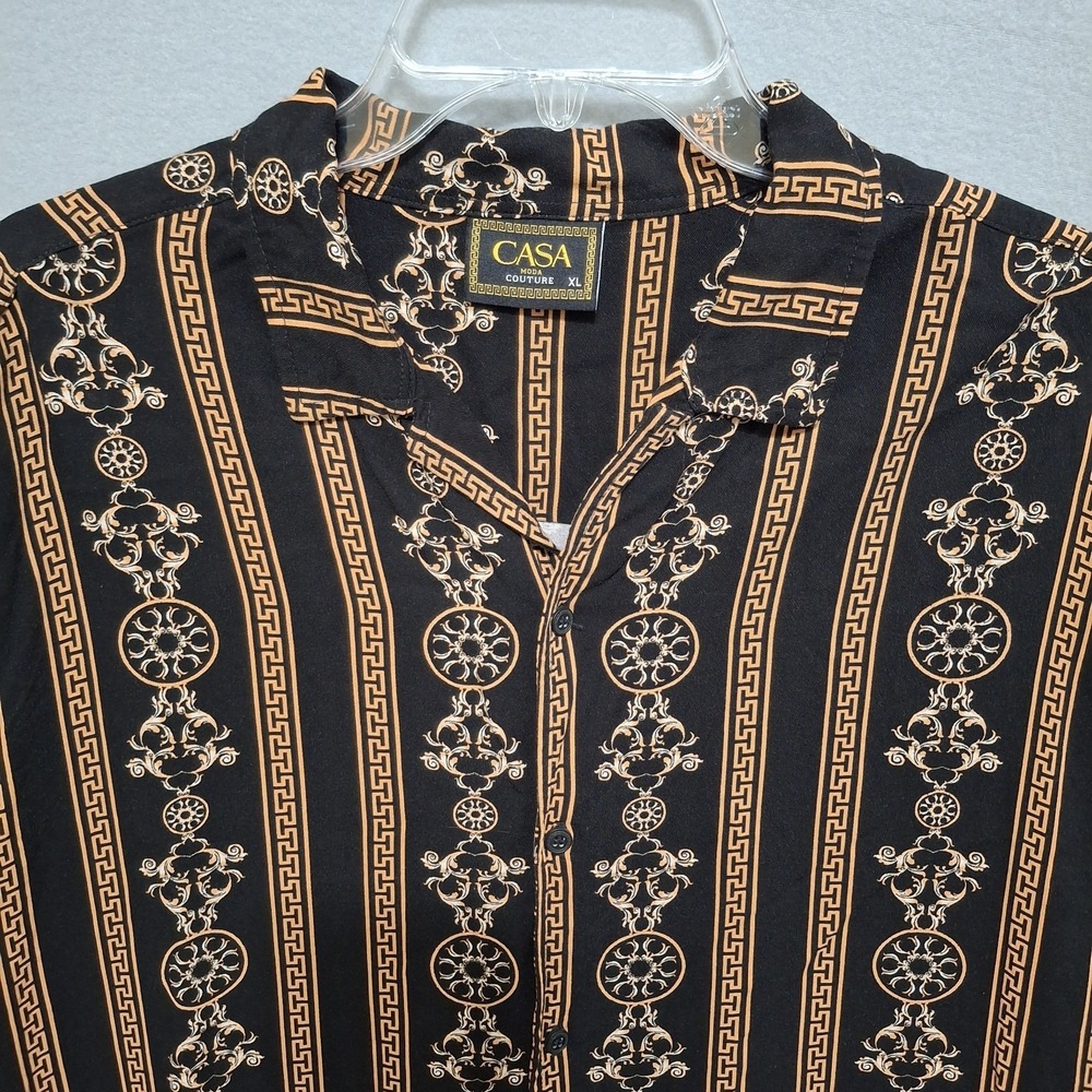 Casa Moda Couture Shirt Men XL Black Gold Baroque Greek Key Rayon Button Up SS